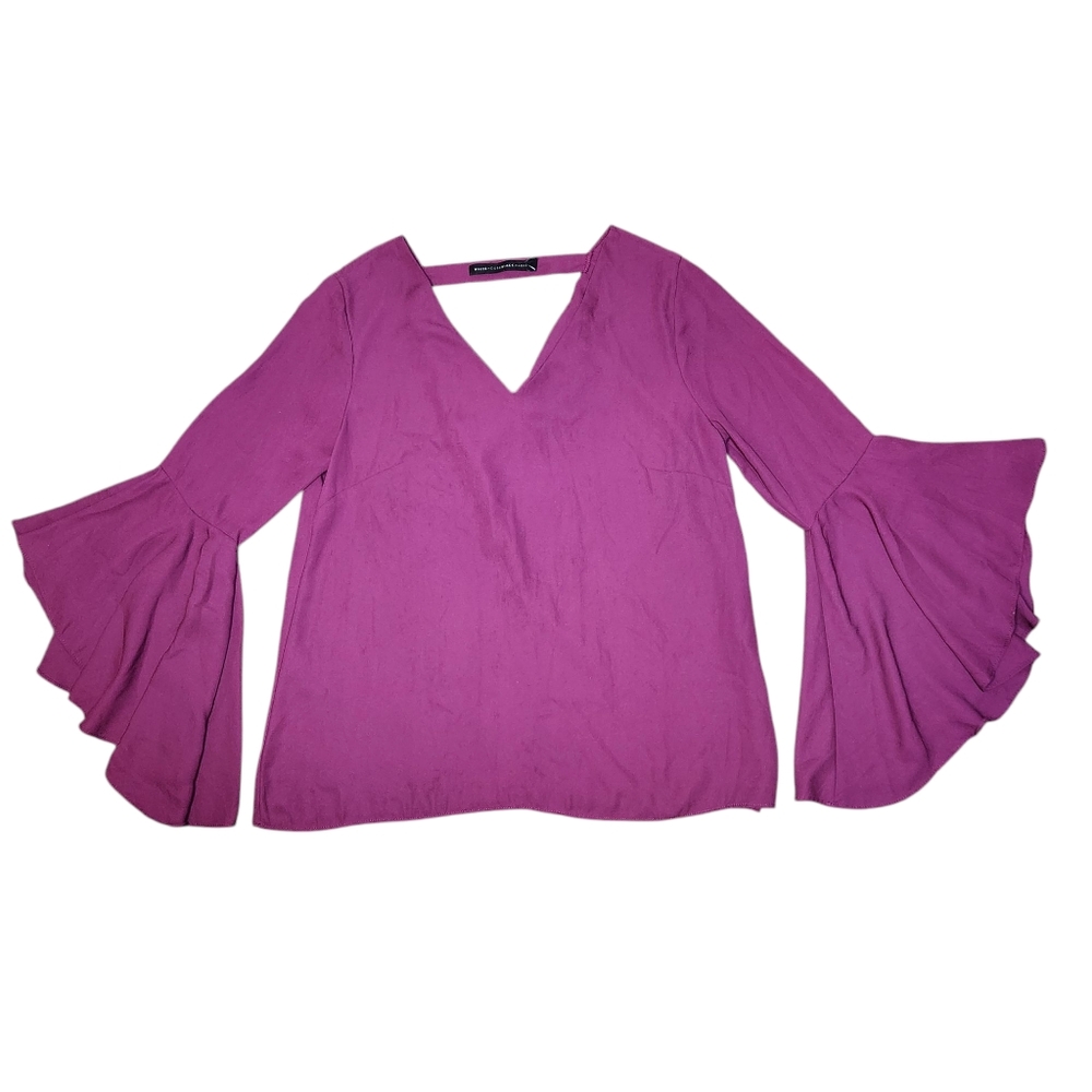White House Black Market Dramatic Purple Bell Sleeve‎ Drape Back Blouse Top 6 M - Picture 3 of 15